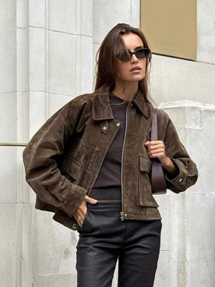 Women's Suede Utility Jacket – Zip Front Turn Down Collar Flap Pocket Casual