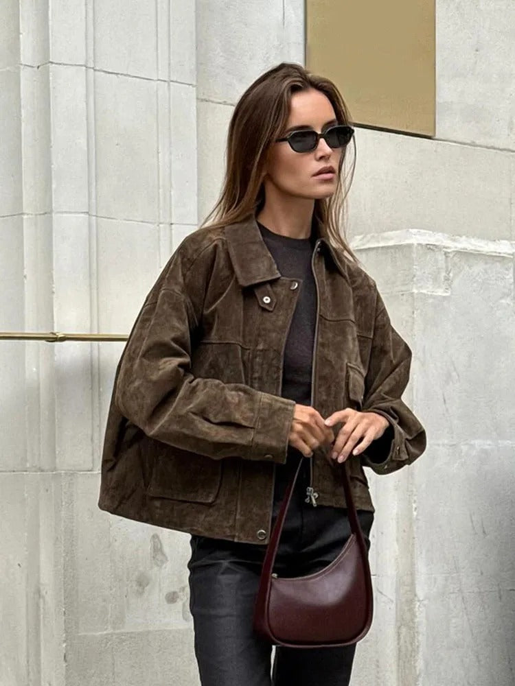 Women's Suede Utility Jacket – Zip Front Turn Down Collar Flap Pocket Casual