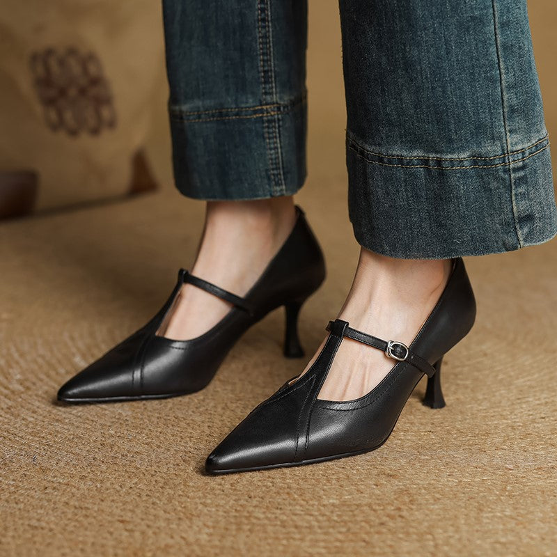 Women's T-Strap Pointed Toe Pumps – Kitten Heel Buckle Office Work Shoes