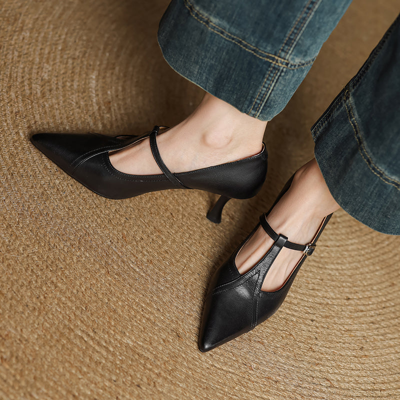 Women's T-Strap Pointed Toe Pumps – Kitten Heel Buckle Office Work Shoes