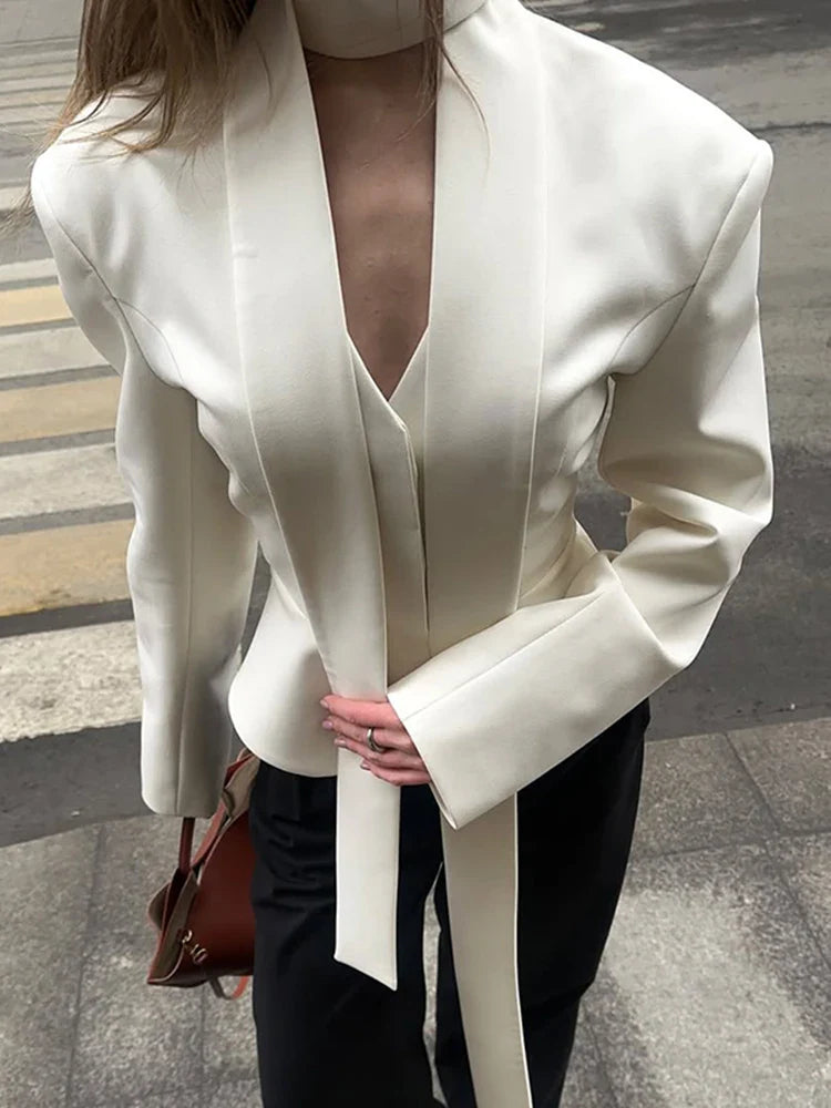 Women's Tailored V-Neck Blazer – Tie Front Long Sleeve Work Office Jacket