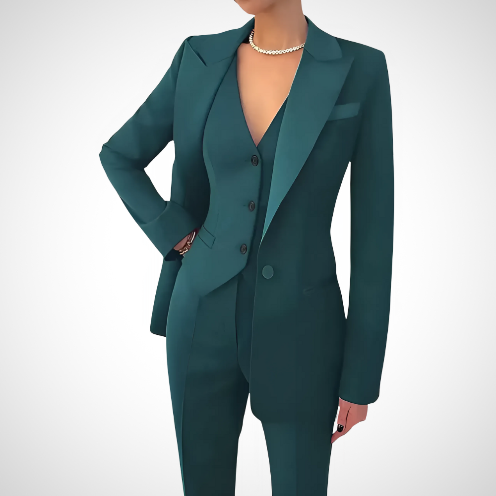Women's Three-Piece Blazer Vest Trouser Suit – Peaked Lapel Work Office Set