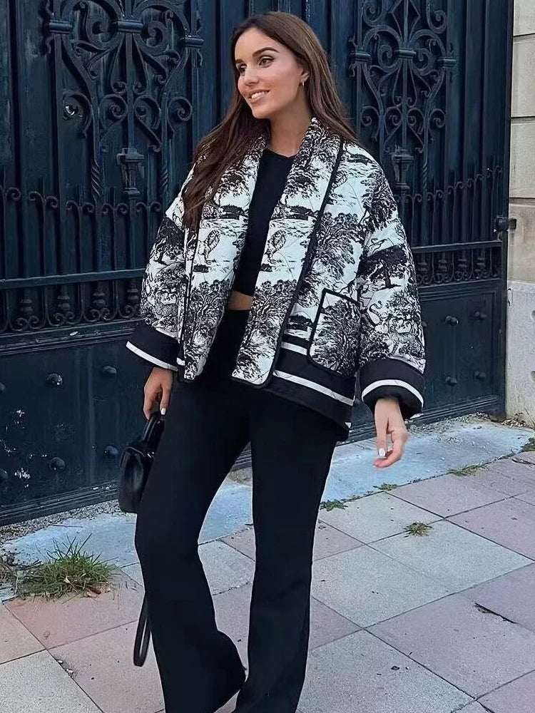 Women's Toile Scenic Print Jacket – Open Front Long Sleeve Contrast Trim