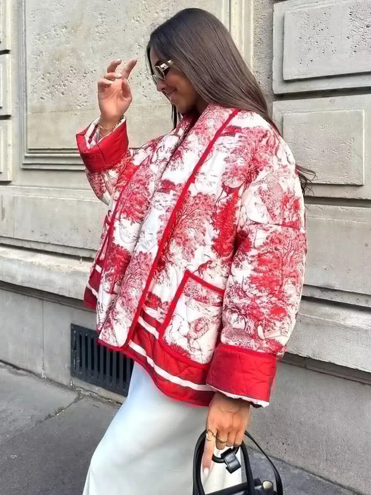 Women's Toile Scenic Print Jacket – Open Front Long Sleeve Contrast Trim