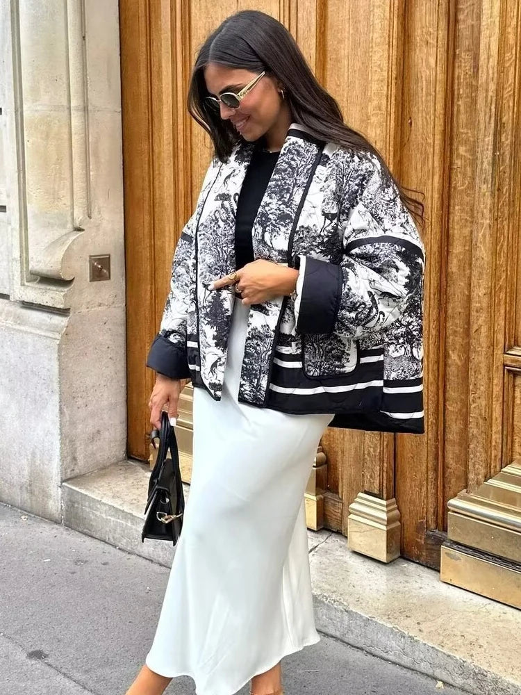 Women's Toile Scenic Print Jacket – Open Front Long Sleeve Contrast Trim