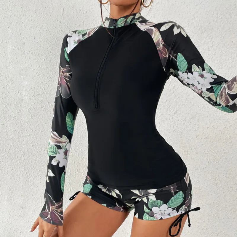 Women's Tropical Floral Two Piece Swimsuit – Long Sleeve Half Zip Rash Guard