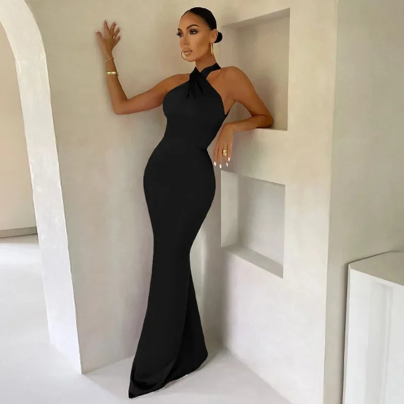 Women's Twist Neck Maxi – Sleeveless Open Back Mermaid Wedding Guest Dress