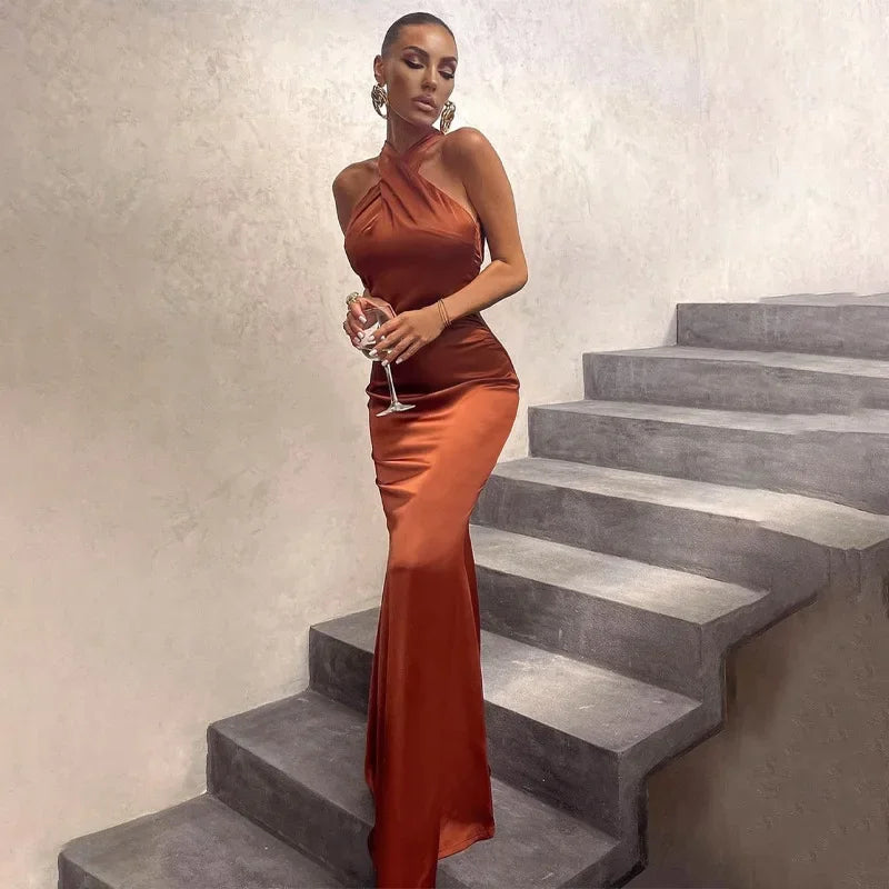 Women's Twist Neck Maxi – Sleeveless Open Back Mermaid Wedding Guest Dress