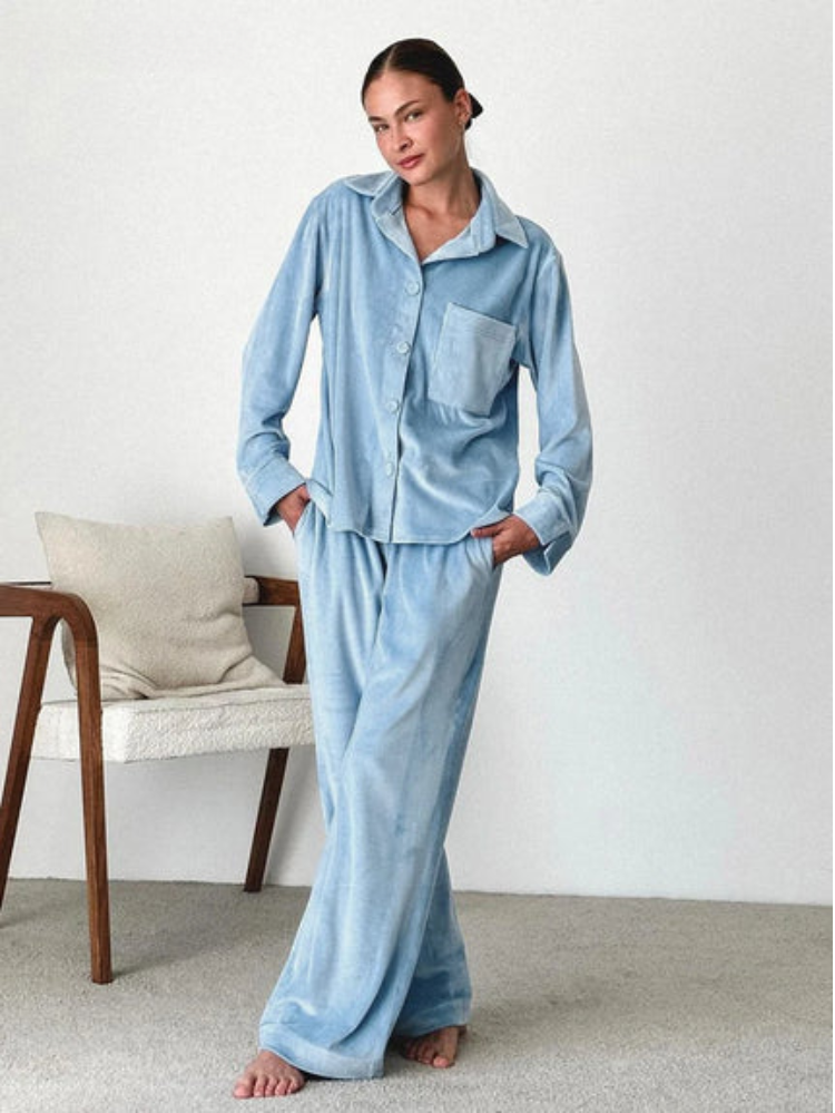 Women's Two Piece Pajama Set – Notch Collar Button Front Wide Leg Nightwear