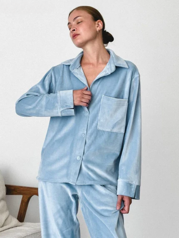 Women's Two Piece Pajama Set – Notch Collar Button Front Wide Leg Nightwear