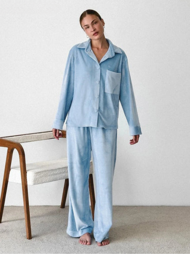 Women's Two Piece Pajama Set – Notch Collar Button Front Wide Leg Nightwear
