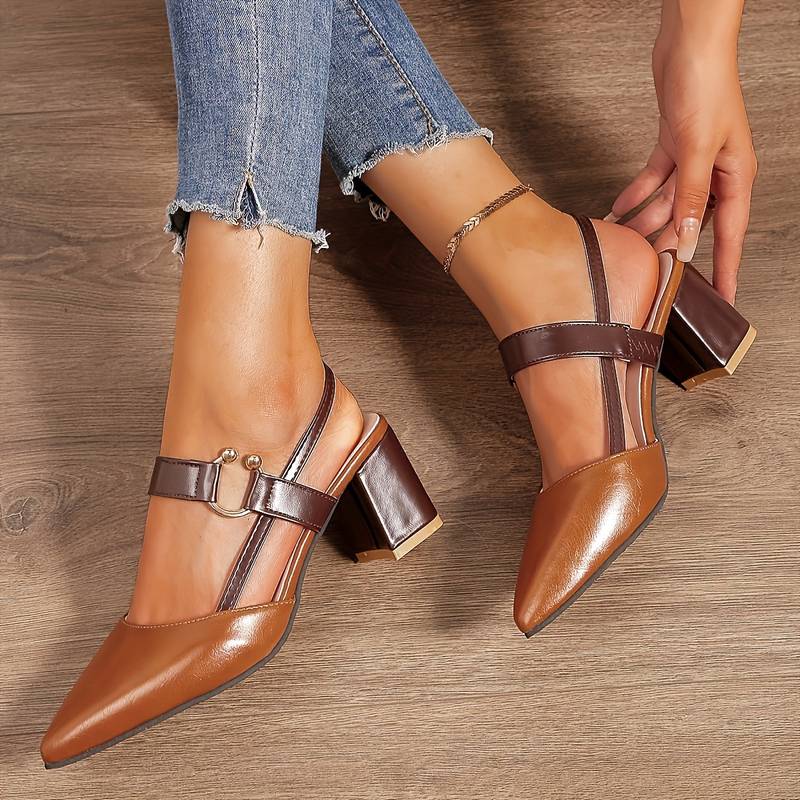 Women's Two-Tone Pointed Toe Slingback Pumps – Block Heel Ring Strap Office