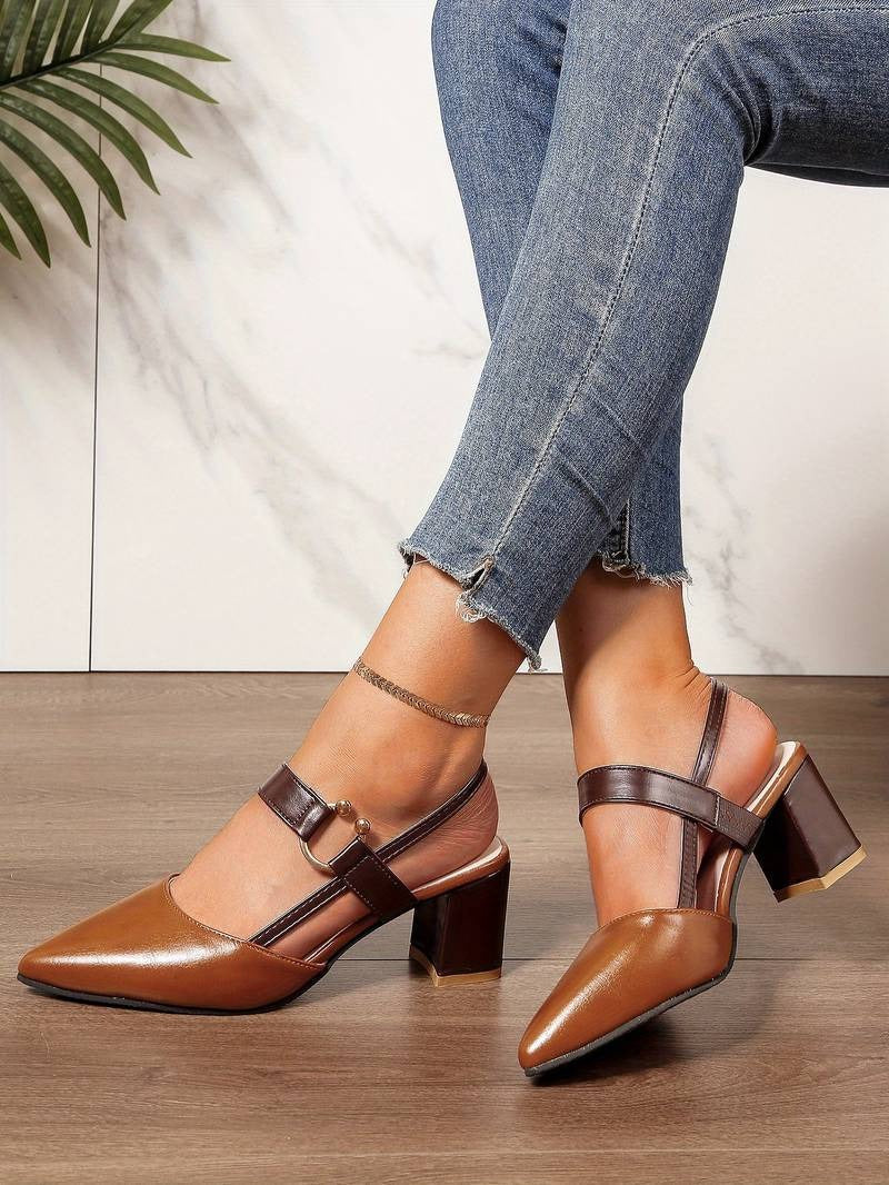 Women's Two-Tone Pointed Toe Slingback Pumps – Block Heel Ring Strap Office