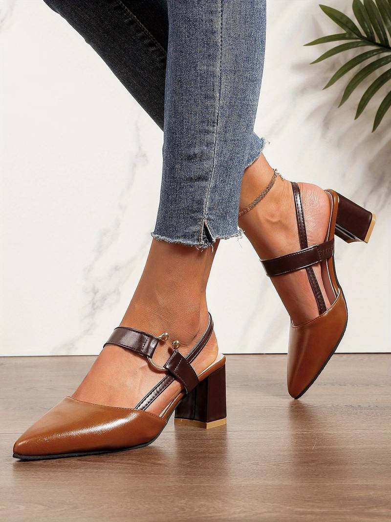 Women's Two-Tone Pointed Toe Slingback Pumps – Block Heel Ring Strap Office