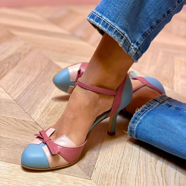 Women's Two-Tone Round Toe Heels – Bow Ankle Strap Buckle Wedding Party
