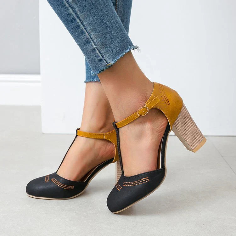 Women's Two-Tone Round Toe Pumps – T-Strap Block Heel Perforated Office