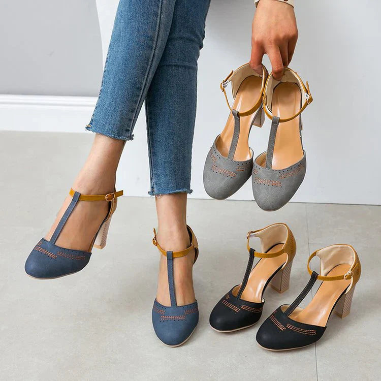 Women's Two-Tone Round Toe Pumps – T-Strap Block Heel Perforated Office