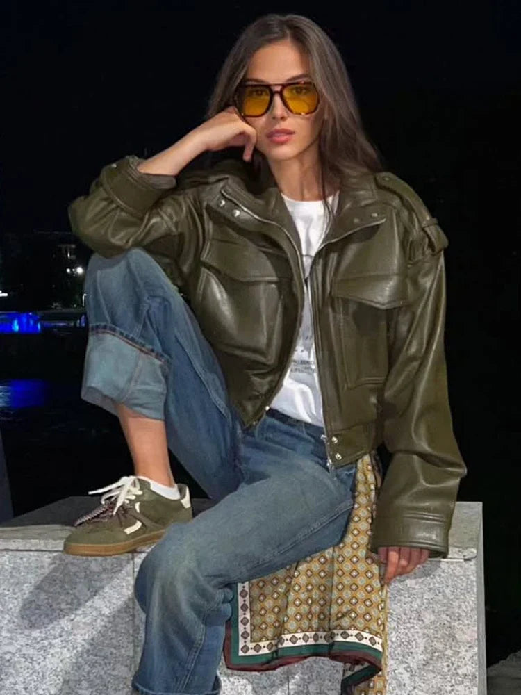 Women's Utility Cropped Jacket – Zip Front Patch Pocket Oversized Streetwear