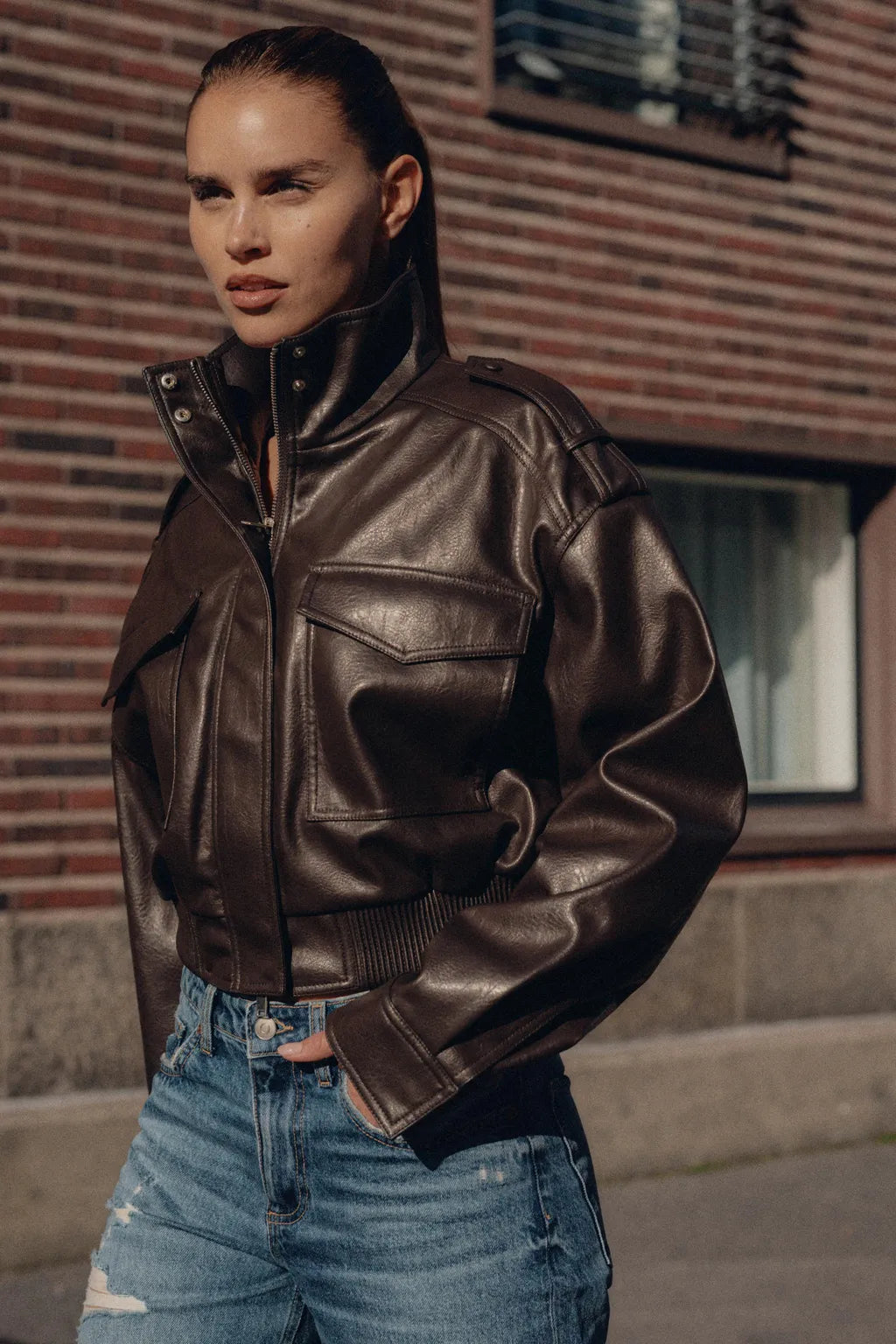Women's Utility Cropped Jacket – Zip Front Patch Pocket Oversized Streetwear