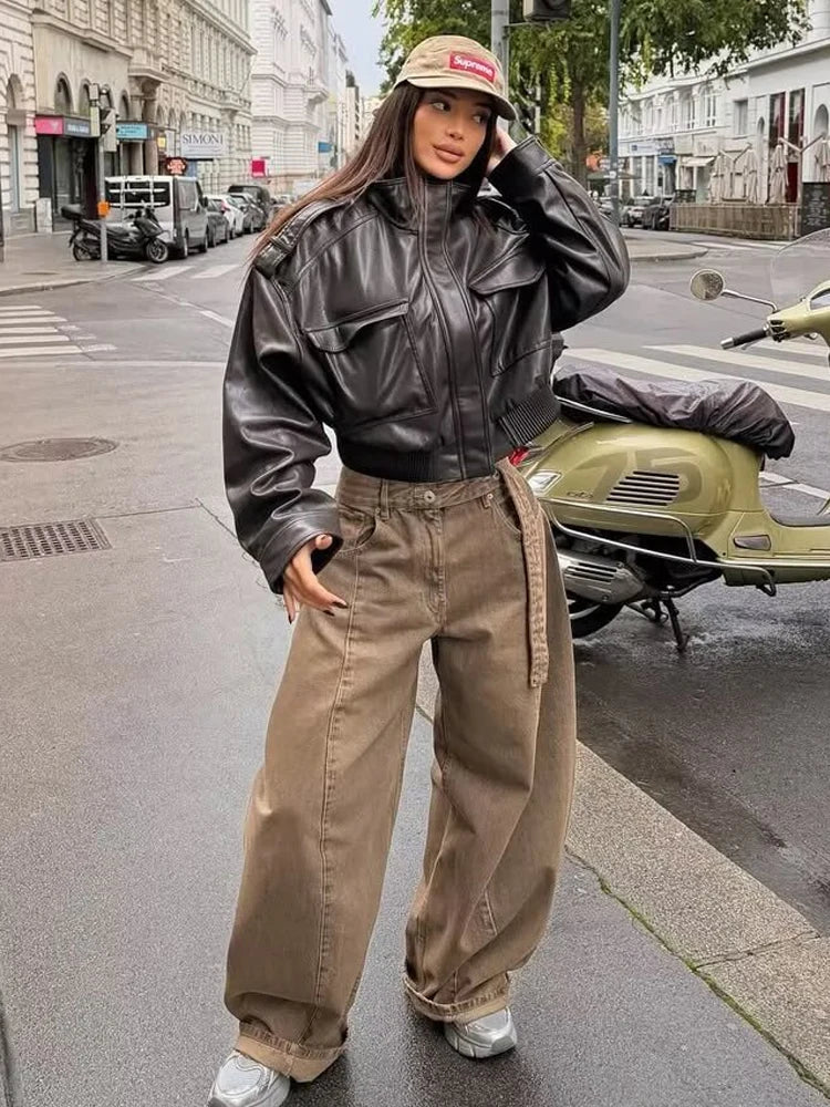 Women's Utility Cropped Jacket – Zip Front Patch Pocket Oversized Streetwear