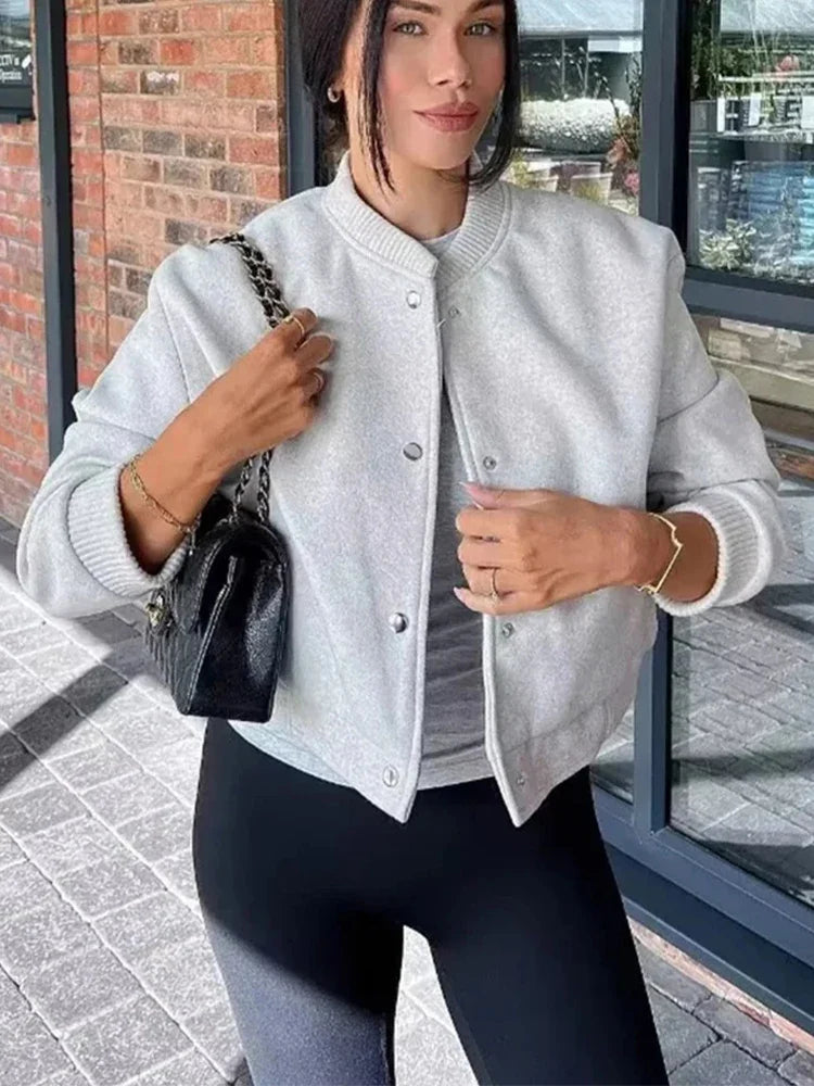 Women's Varsity Cropped Bomber Jacket – Snap Button Front Ribbed Trim