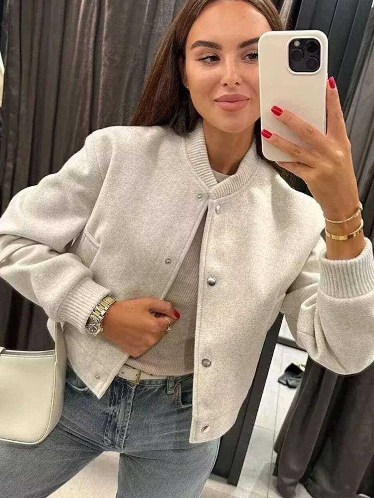 Women's Varsity Cropped Bomber Jacket – Snap Button Front Ribbed Trim