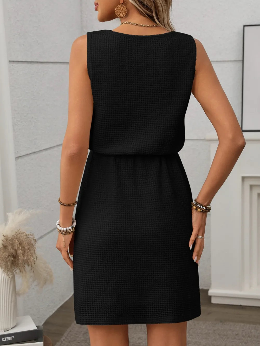 Women's Waffle Knit Mini Dress – Sleeveless Scoop Neck Drawstring Waist