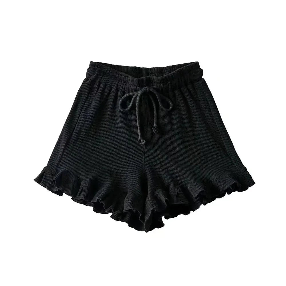 Women's Waffle Knit Shorts – Drawstring Pull On Ruffle Hem Lounge Casual