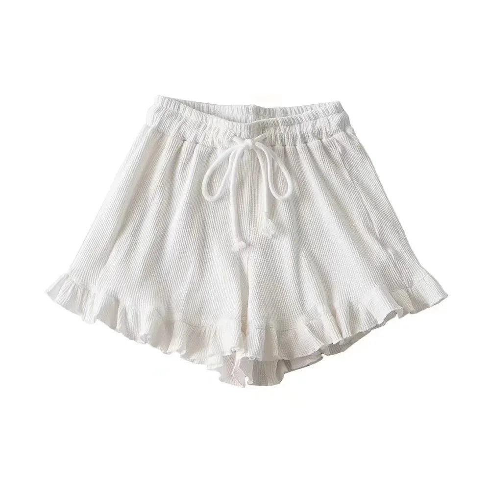 Women's Waffle Knit Shorts – Drawstring Pull On Ruffle Hem Lounge Casual