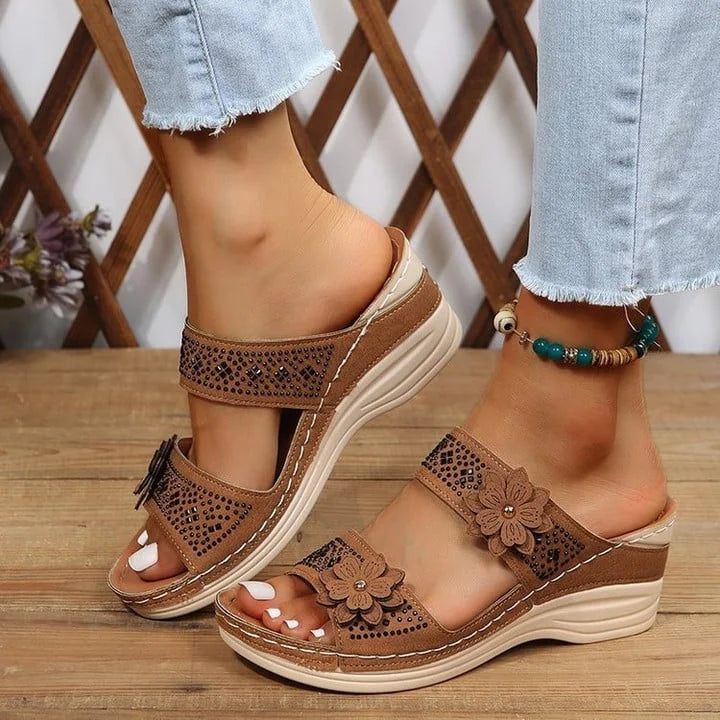 Women's Wedge Slide Sandals – Floral Embellished Double Strap Open Toe Summer