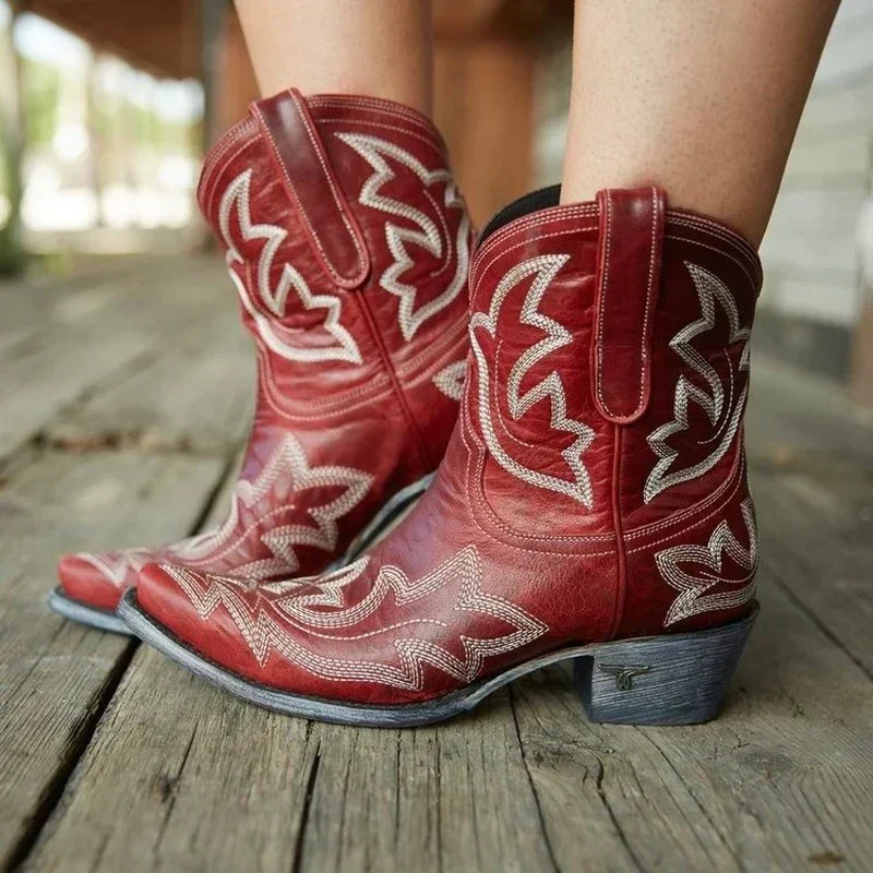 Women's Western Embroidered Cowgirl Boots – Snip Toe Block Heel Mid Calf