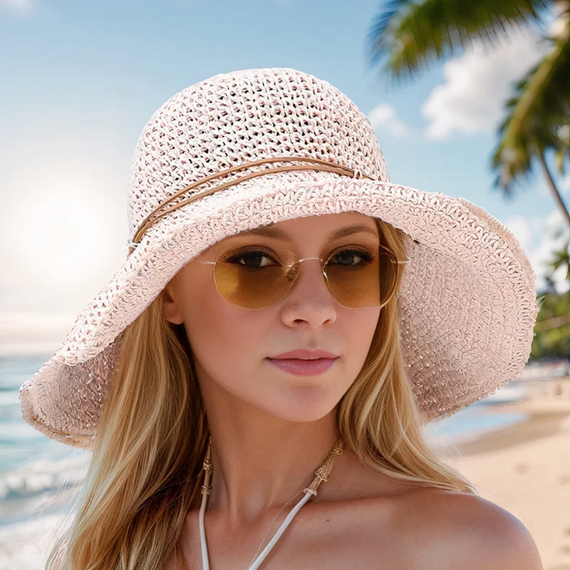 Women's Wide Brim Woven Straw Sun Hat – Cord Trim Beach Summer