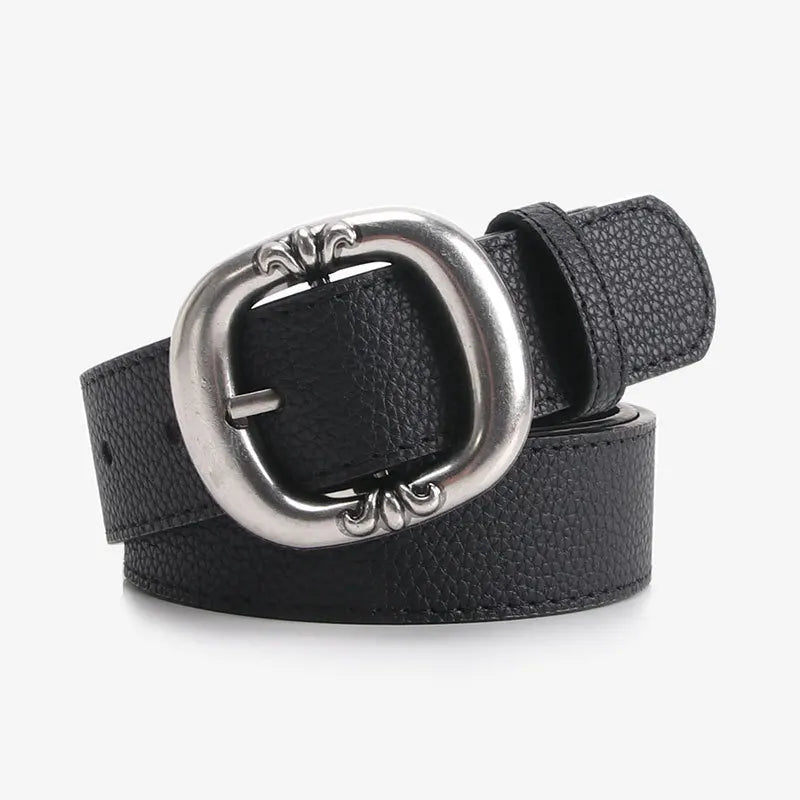 Women's Wide Faux Leather Belt – Oval Pin Buckle Pebbled Everyday Casual