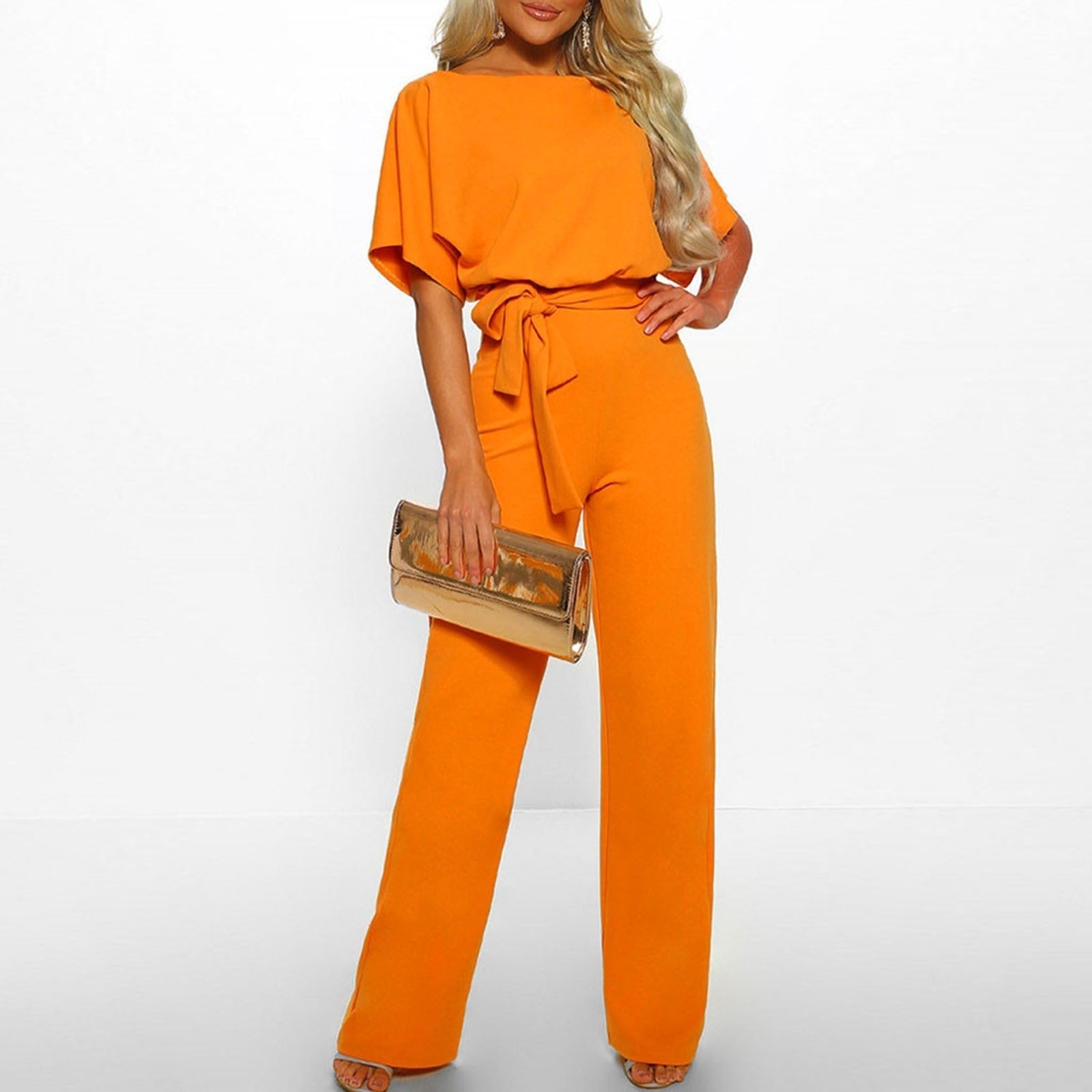 Women's Wide Leg Belted Jumpsuit – Bateau Neck Batwing Sleeve Smart Casual