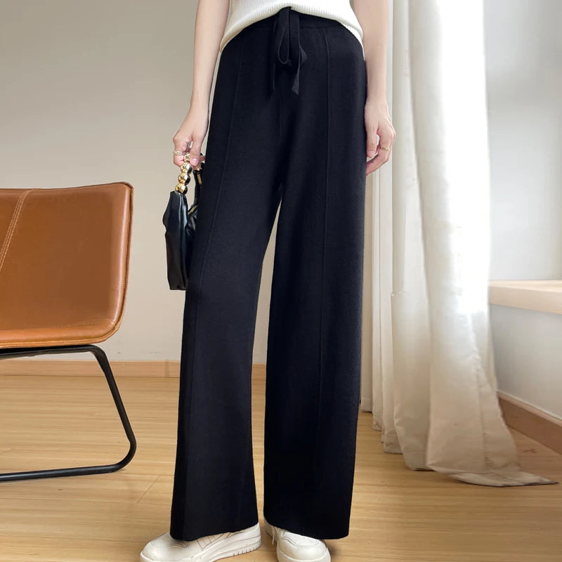 Women's Wide Leg Lounge Pants – Drawstring Waist Front Pleat Casual Winter