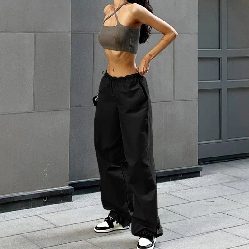 Women's Wide Leg Parachute Pants – Low Rise Drawstring Casual Street