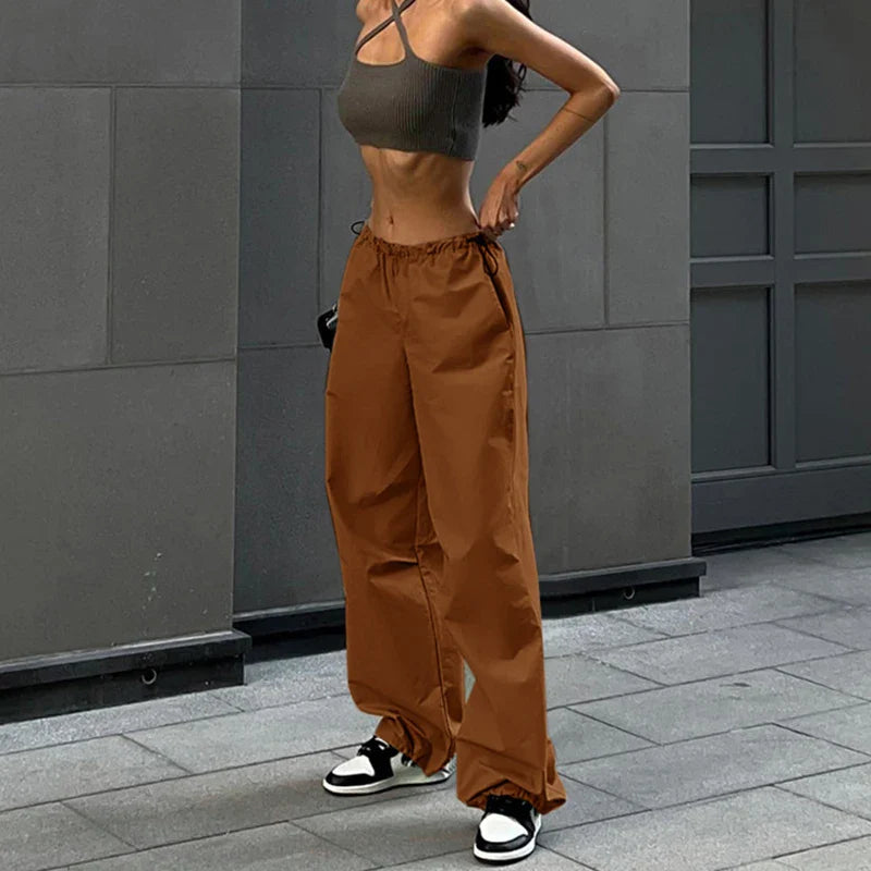 Women's Wide Leg Parachute Pants – Low Rise Drawstring Casual Street