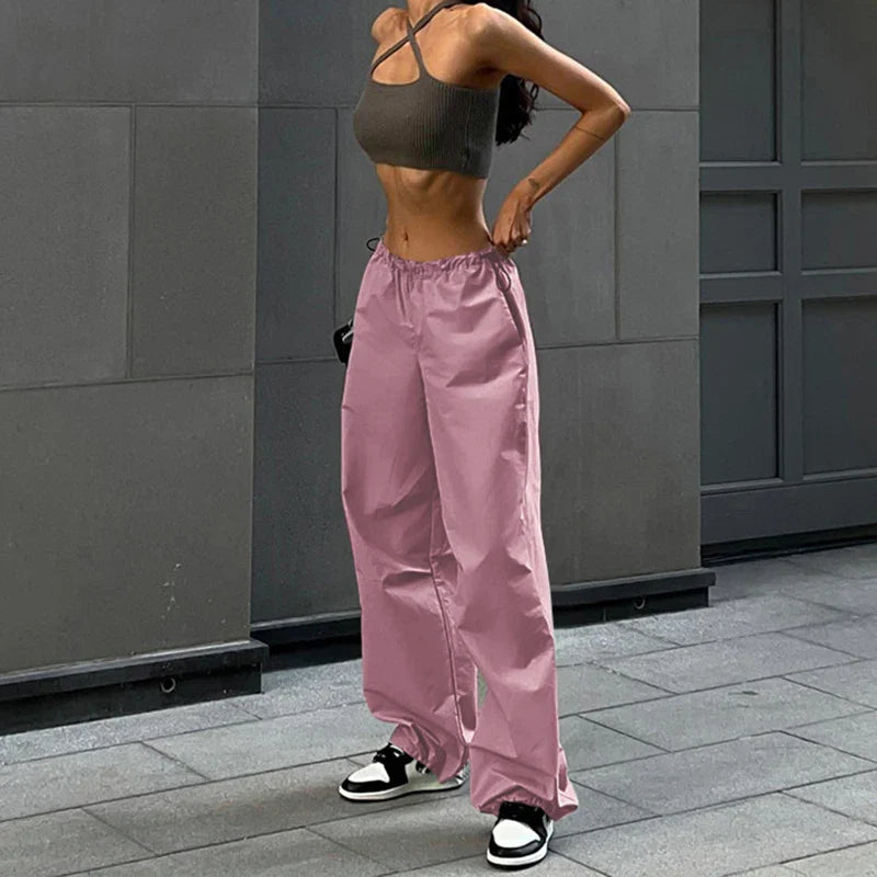 Women's Wide Leg Parachute Pants – Low Rise Drawstring Casual Street