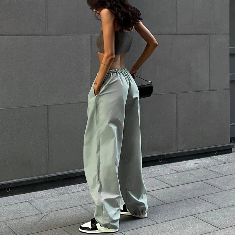 Women's Wide Leg Parachute Pants – Low Rise Drawstring Casual Street