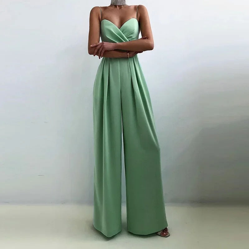Women's Wide Leg Spaghetti Strap Jumpsuit – Wrap V Neck Pleated Wedding Guest