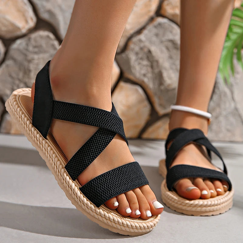 Women's Woven Cross Strap Sandals – Open Toe Rope Edge Platform Summer