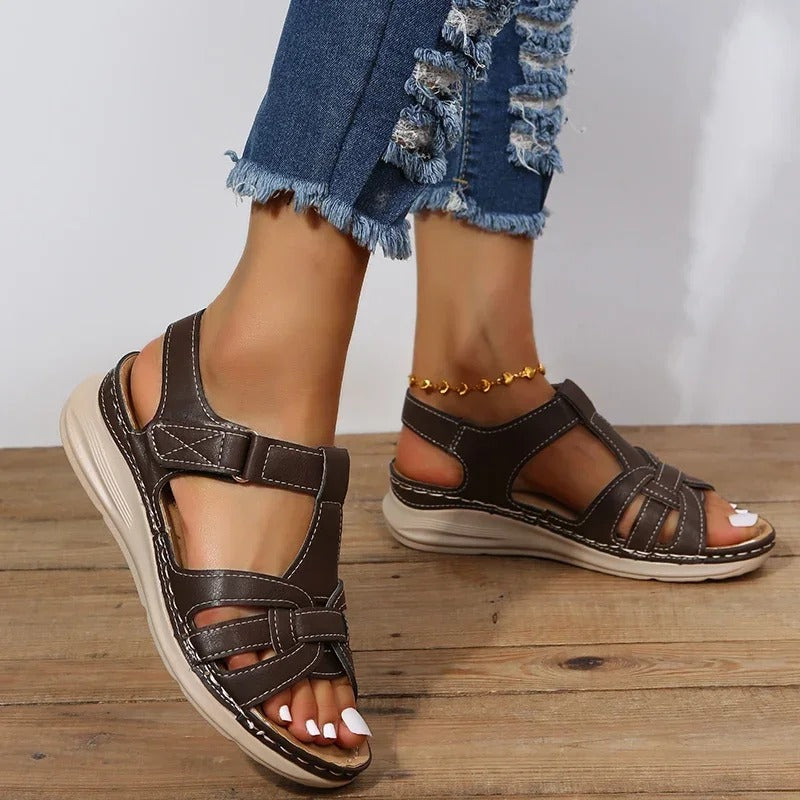 Women's Woven Open Toe Flat Sandals – Multi Strap Hook and Loop Summer