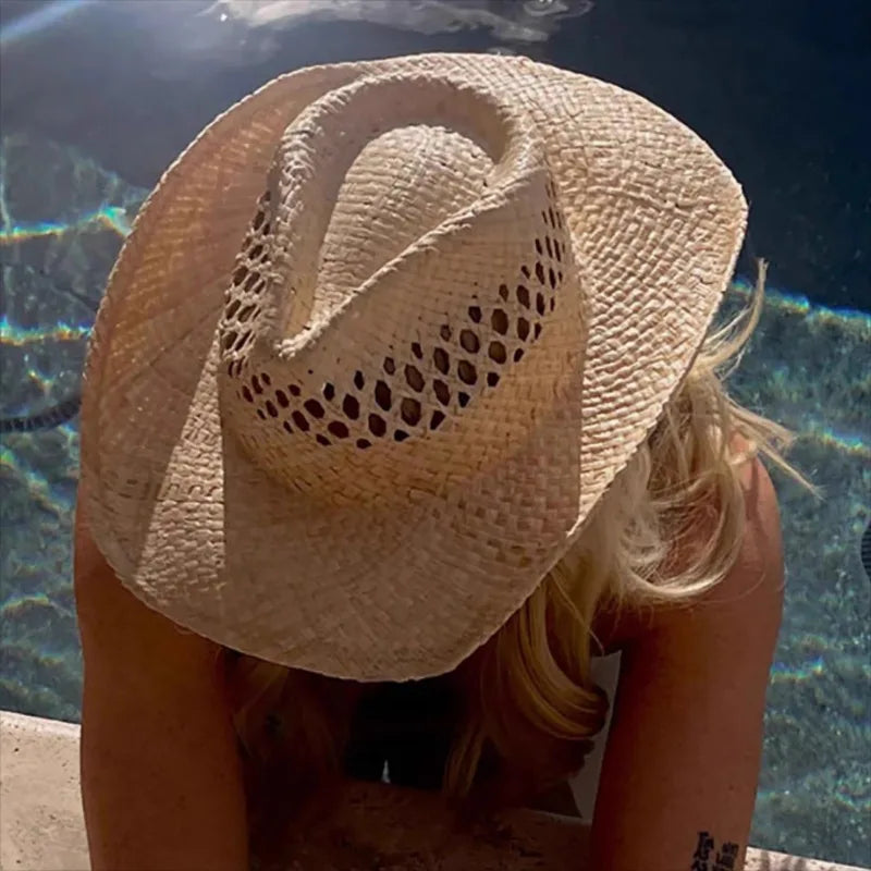 Women's Woven Raffia Straw Cowboy Hat – Wide Brim Fringed Edge Summer