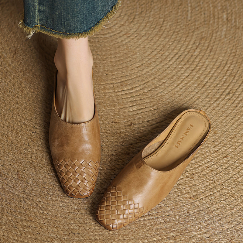 Women's Woven Square Toe Mule Shoes – Flat Block Heel Slip On Casual