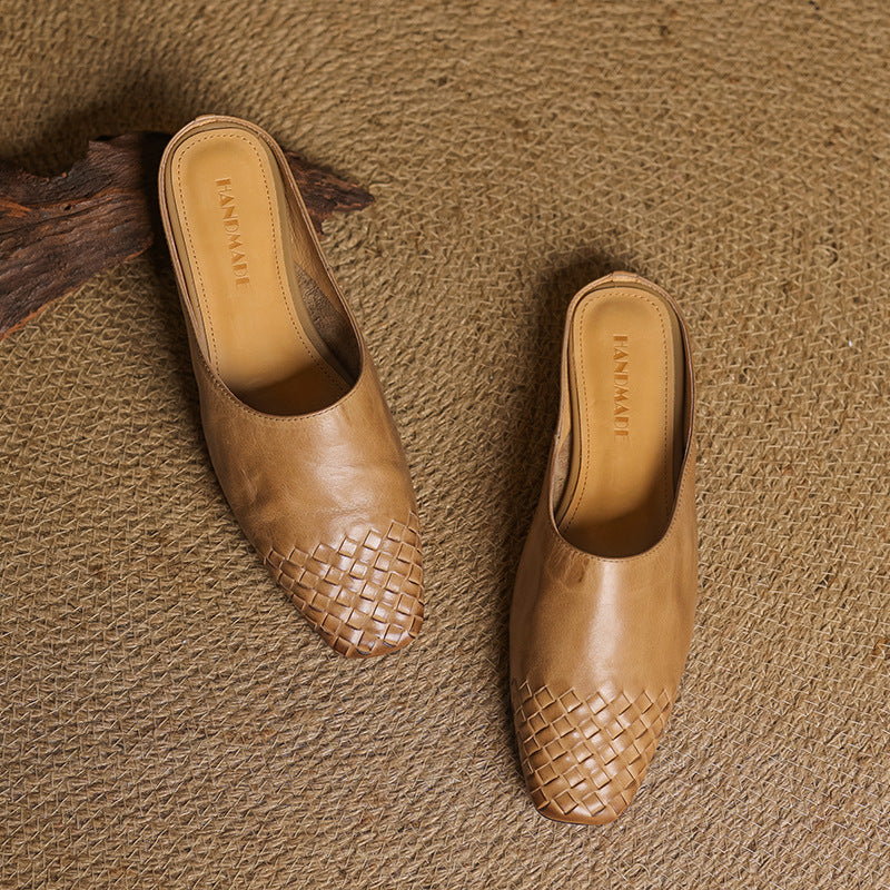 Women's Woven Square Toe Mule Shoes – Flat Block Heel Slip On Casual