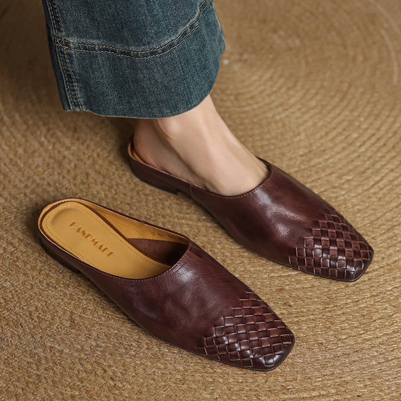 Women's Woven Square Toe Mule Shoes – Flat Block Heel Slip On Casual