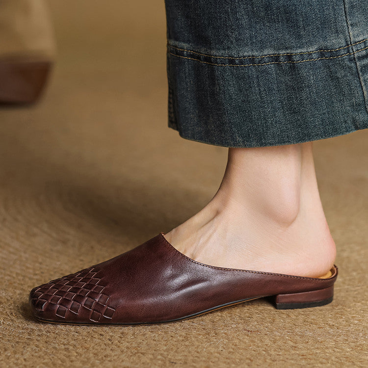 Women's Woven Square Toe Mule Shoes – Flat Block Heel Slip On Casual