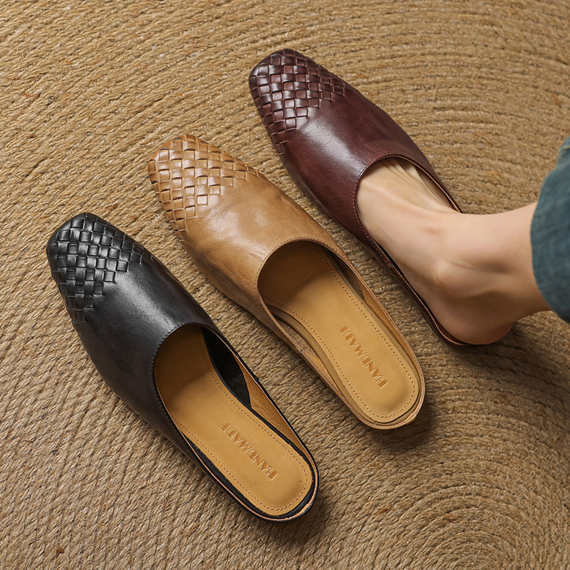 Women's Woven Square Toe Mule Shoes – Flat Block Heel Slip On Casual