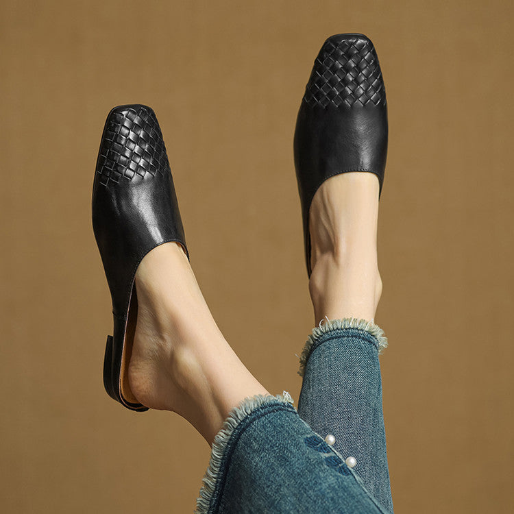Women's Woven Square Toe Mule Shoes – Flat Block Heel Slip On Casual