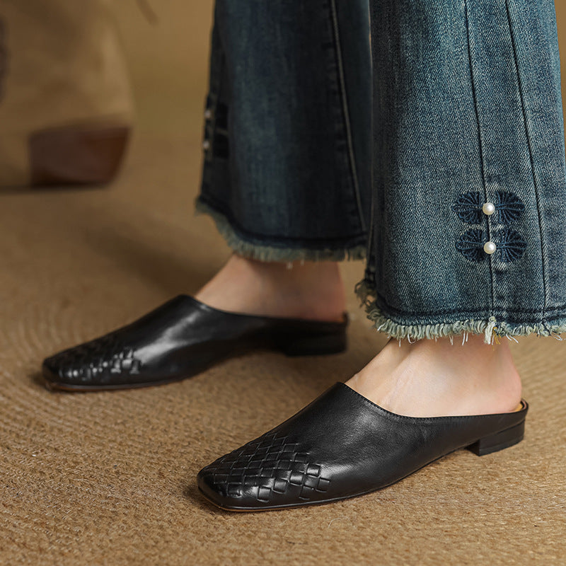 Women's Woven Square Toe Mule Shoes – Flat Block Heel Slip On Casual